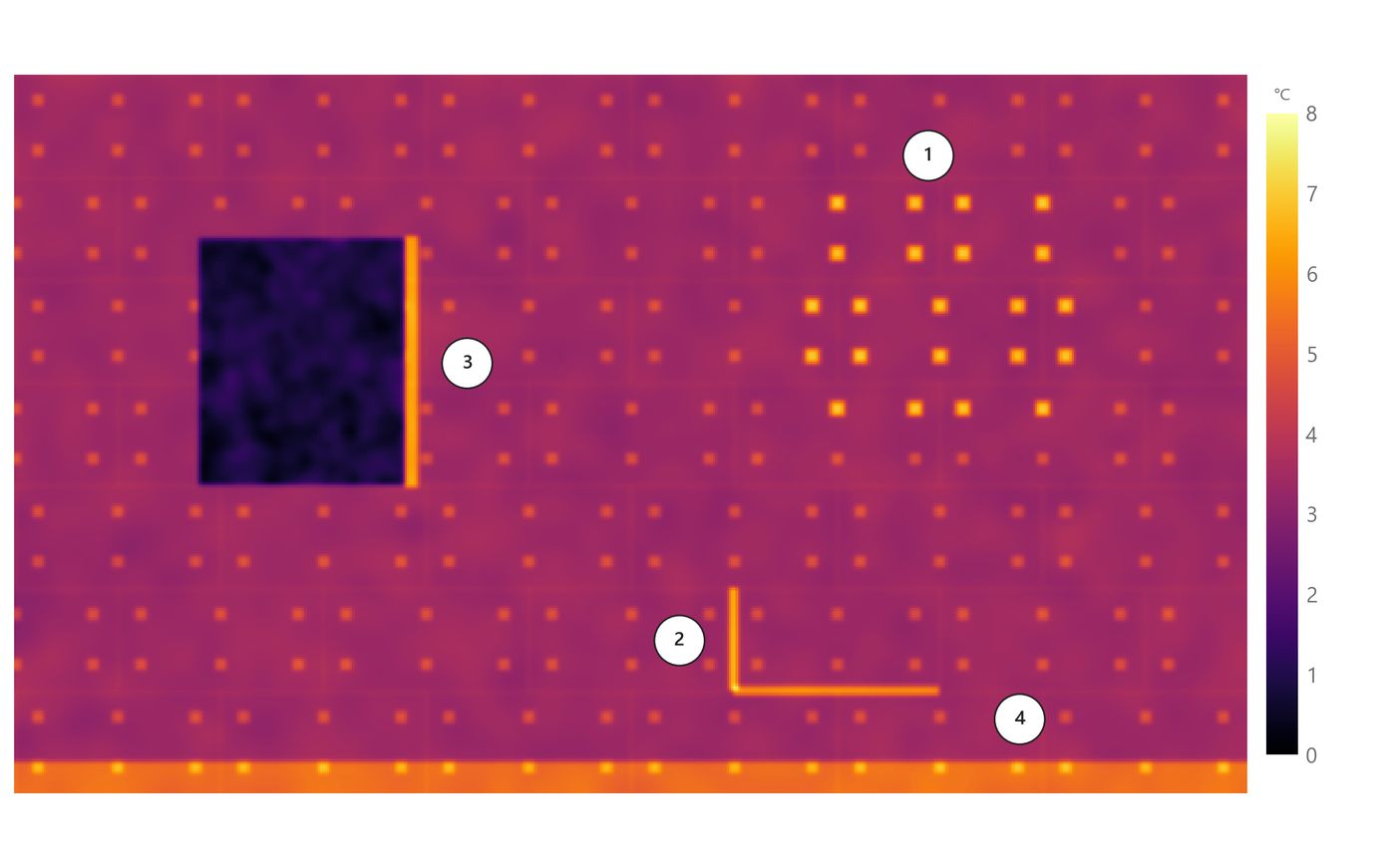 ETICS panel before rendering, on a winter night. 1 Anchors without insulating cap · 2 Open joint between boards · 3 Uninsulated window junction · 4 Base without thermal break