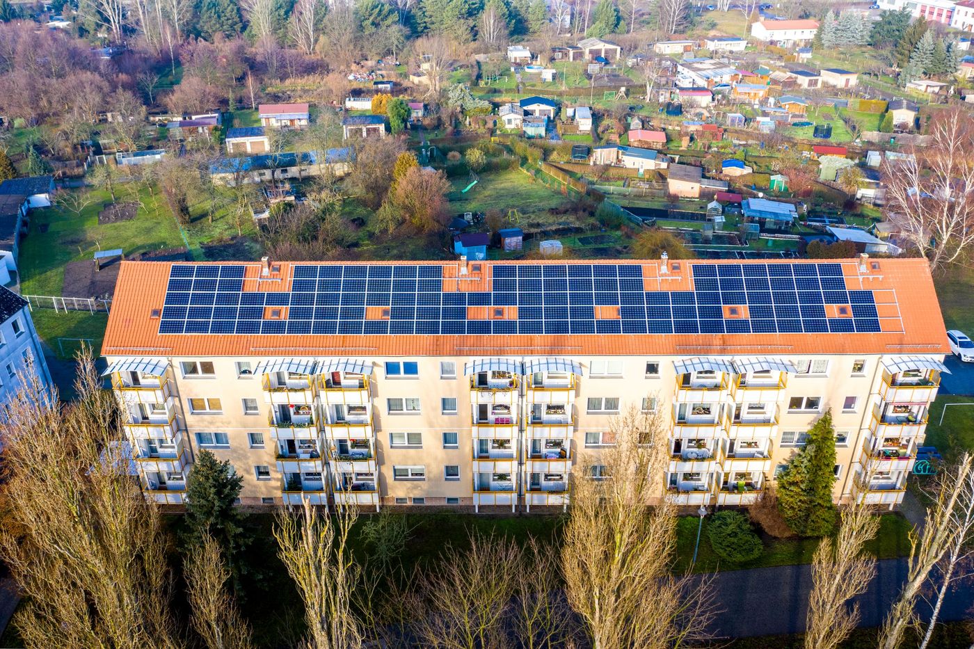 Rooftop solar array on a residential block