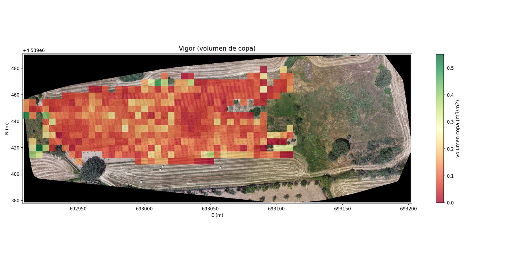 Canopy-volume vigour in a vineyard, calculated from drone imagery